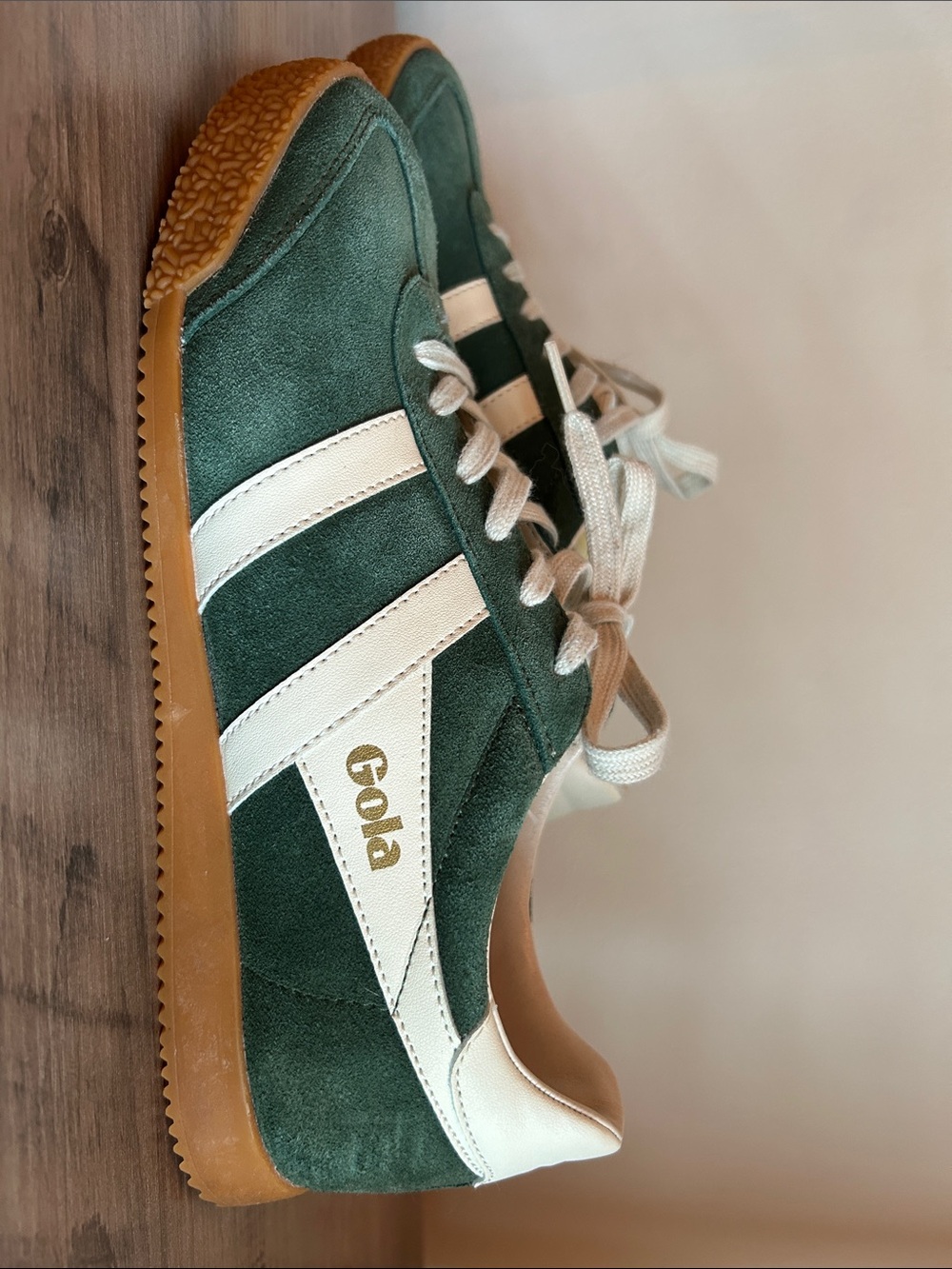 Gola Green Suede Sneaker with White Stripes and Gum Sole